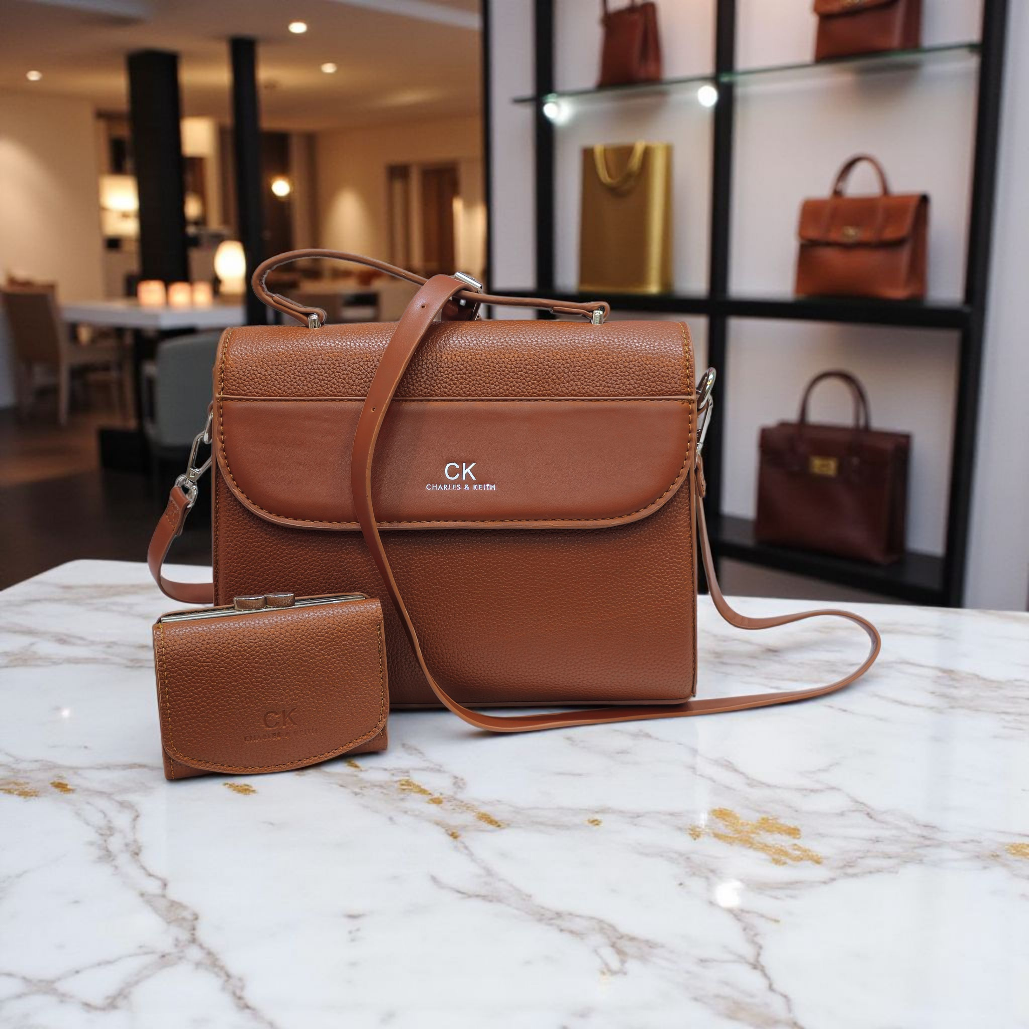 طقم الأناقة المتكامل: شنطة يد وكتف عصرية مع محفظة متناسقة CK - تصميم ثنائي اللون - Image 3