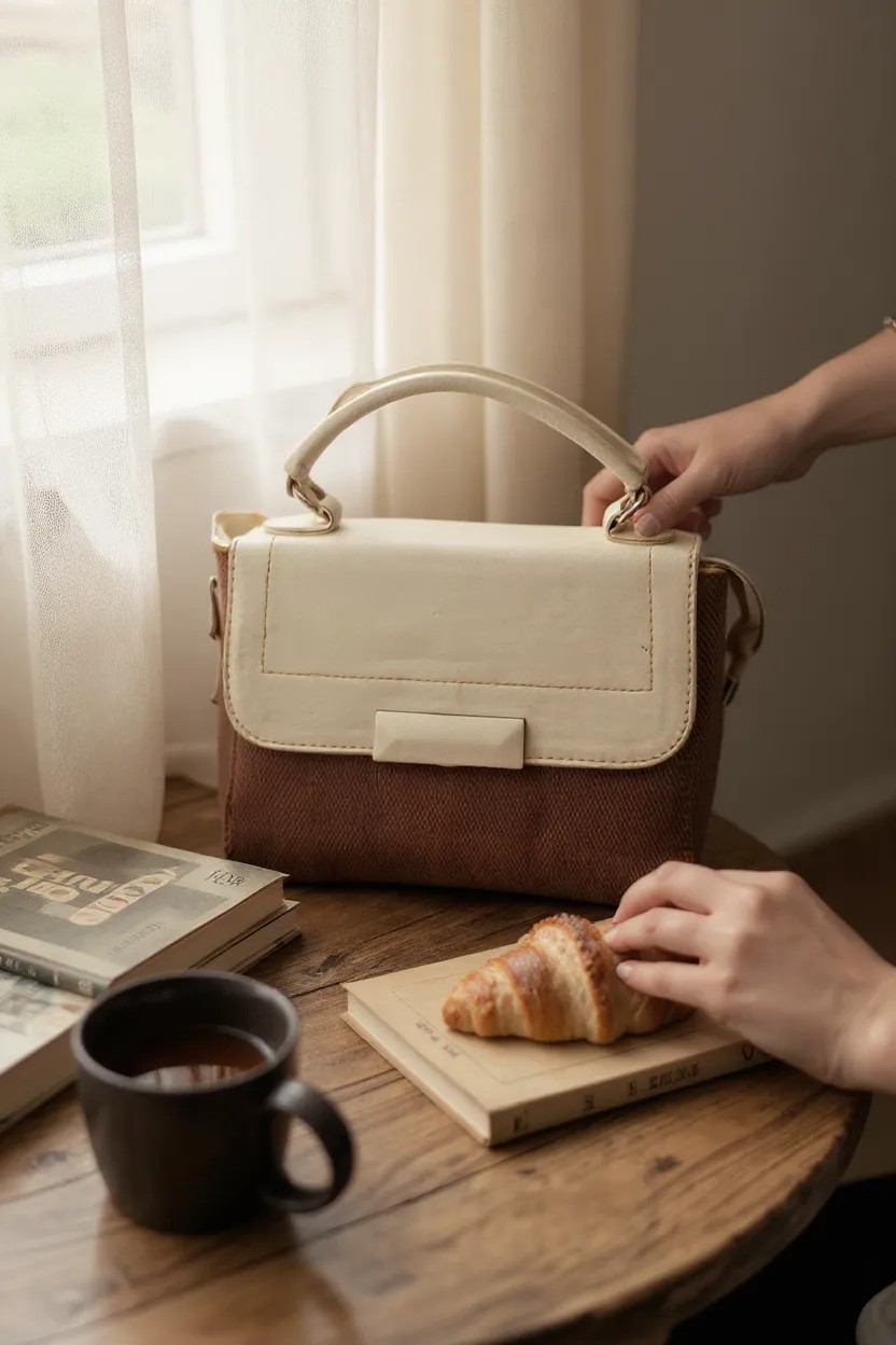 شنطة يد وكتف صغيرة بتصميم كاجوال - مزيج الجلد والكانفاس مع حزام مزخرف - Image 6