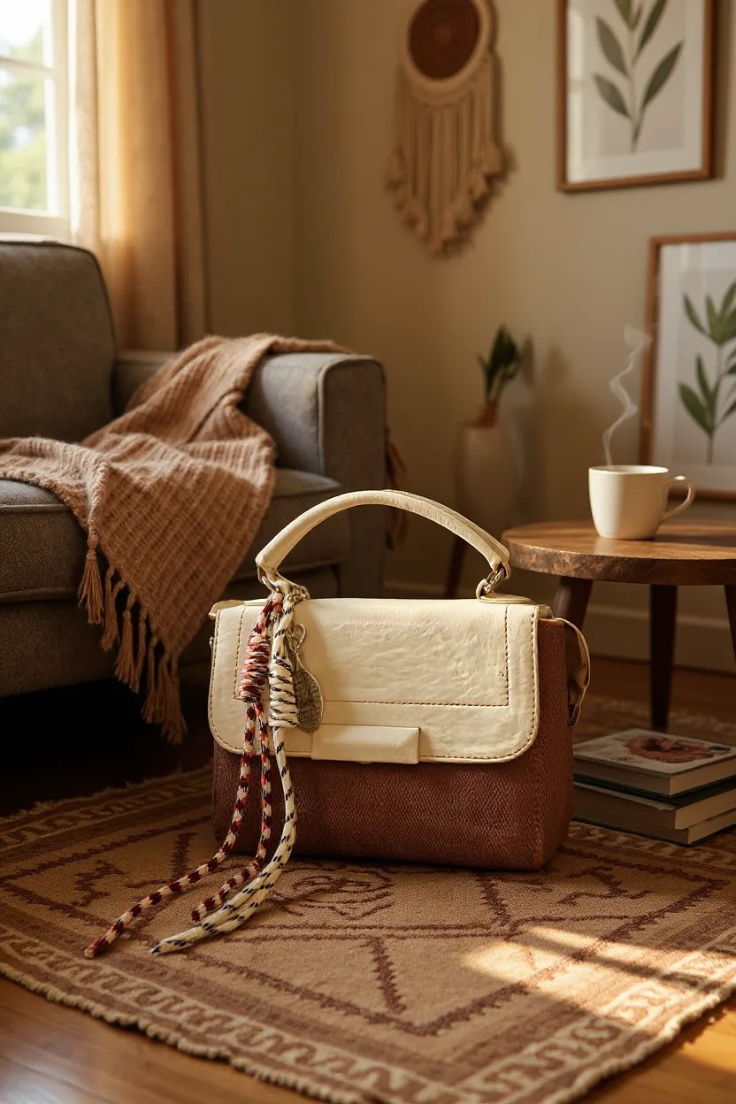 شنطة يد وكتف صغيرة بتصميم كاجوال - مزيج الجلد والكانفاس مع حزام مزخرف - Image 5