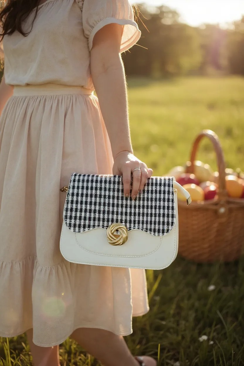 أناقة كلاسيكية بلمسة عصرية: شنطة كتف بنقشة كاروهات مميزة وقفل ذهبي فاخر - Image 4