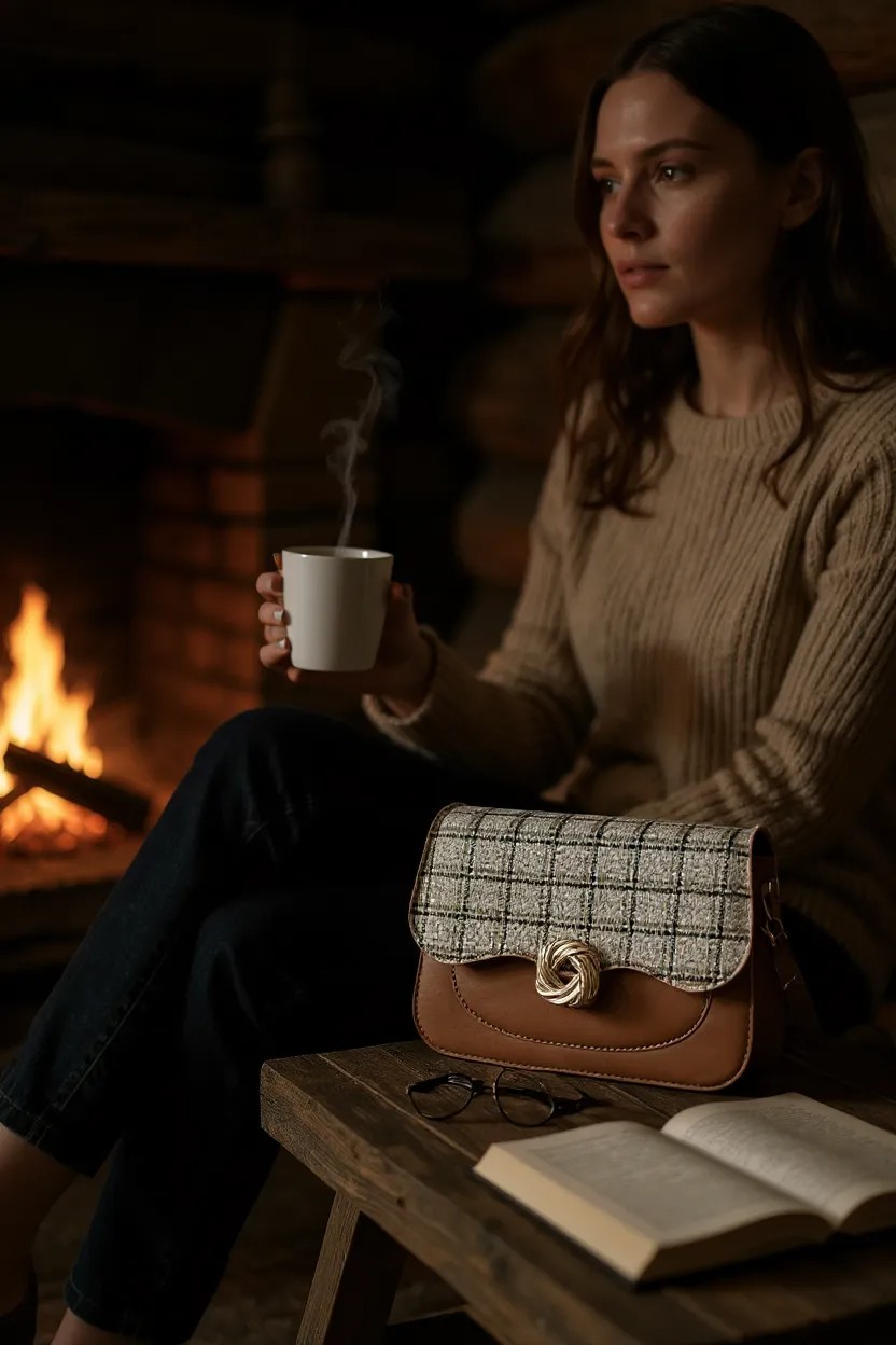 أناقة كلاسيكية بلمسة عصرية: شنطة كتف بنقشة كاروهات مميزة وقفل ذهبي فاخر - Image 5