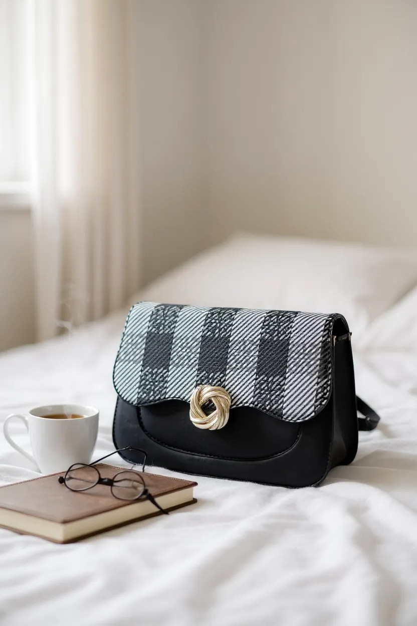 أناقة كلاسيكية بلمسة عصرية: شنطة كتف بنقشة كاروهات مميزة وقفل ذهبي فاخر - Image 6