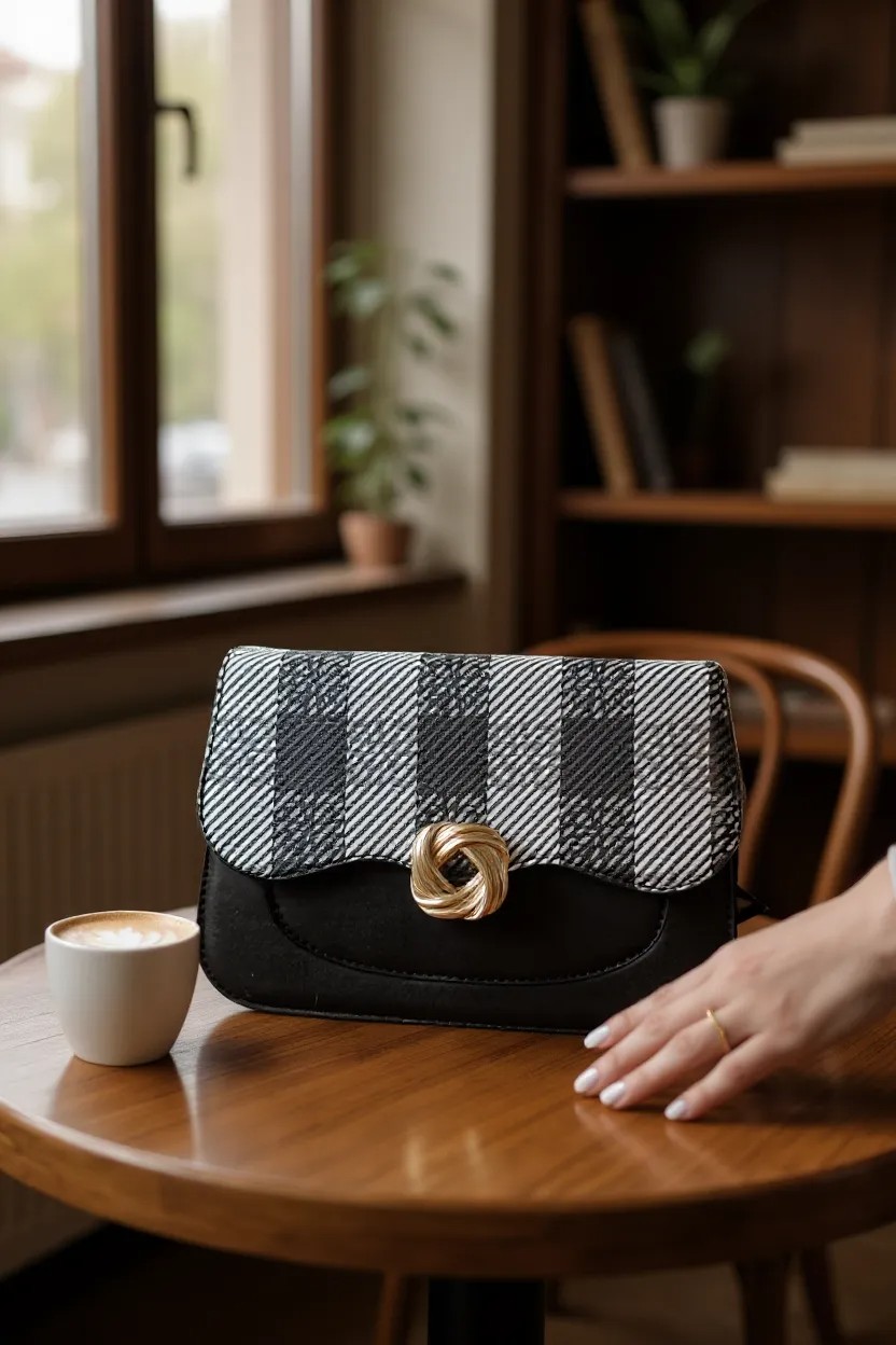 أناقة كلاسيكية بلمسة عصرية: شنطة كتف بنقشة كاروهات مميزة وقفل ذهبي فاخر - Image 7